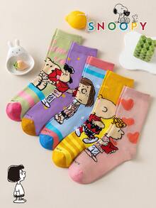 1/5/10 Pairs Snoopy Women's Mid-Calf Socks, Striped Heart Pattern Colorful Fun Autumn/Winter Socks - Multicolor - View 5