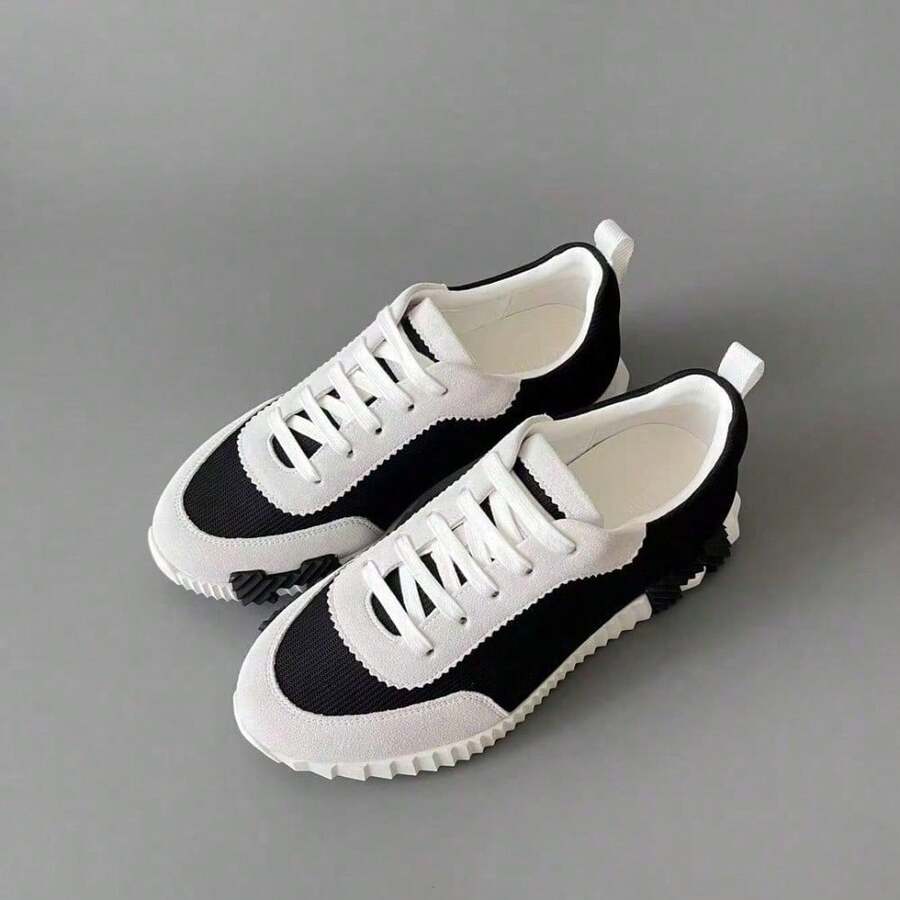 Versatile Casual Men's Shoes, Breathable, Sporty, Luxury Mesh Lace-Up Shoes, Comfortable Knit Upper, Genuine Leather Sneakers - 黑皮白拼色網布 - 查看 1