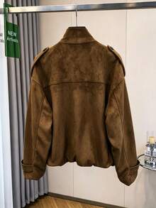 Vintage Brown Faux Suede Stand Collar Casual Jacket For Women, Double-Breasted Shoulder Epaulettes Loose Silhouette Utility Jacket, Suitable For Work, Daily Wear, Commuting, Dating - Brown - View 10