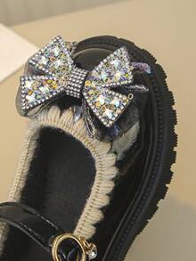 Girls' Rhinestone Bow Mary Jane Shoes, Buckle Strap Thick Sole Non-Slip Princess Shoes - Black - View 6