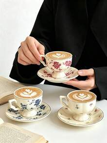 1pc Vintage Gold Rim Floral Ceramic Coffee Cup & Saucer, European Style Tall Latte Cup, Espresso Cup & Saucer Set For Home Afternoon Tea - Multicolor - View 8