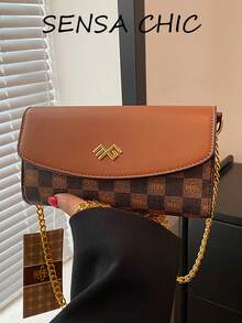 Classic Checkerboard Patchwork Contrast Color Shoulder Bag, Horizontal Compact Body Can Store Phone, Lipstick, Powder, Keys And Other Small Personal Items, Paired With Metal Chain Strap, Flap Magnetic Closure, Suitable For Commuting, Work, Dating, Shopping And Daily Outings - Brown - View 1