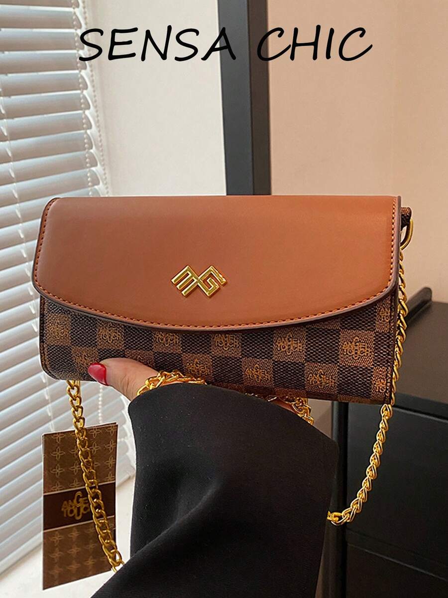 Classic Checkerboard Patchwork Contrast Color Shoulder Bag, Horizontal Compact Body Can Store Phone, Lipstick, Powder, Keys And Other Small Personal Items, Paired With Metal Chain Strap, Flap Magnetic Closure, Suitable For Commuting, Work, Dating, Shopping And Daily Outings - Brown - View 1