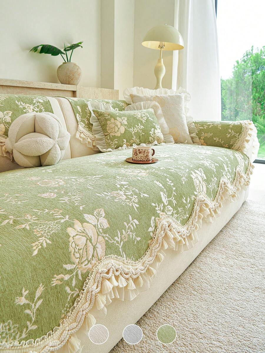 1 buah Sarung Bantal Sofa Motif Bunga Vintage, Kain Chenille dengan Hiasan Renda Rumbai Elegan, Pelindung Sofa Universal Anti Selip dan Tahan Aus, Dekorasi Rumah - Hijau - View 1