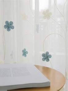 1pc White French Modern Country Style Blue Small Phoenix Tail Flower Embroidery Sheer Curtain, Translucent, Easy To Hang, No Track/Rod Included, Suitable For Living Room, Bedroom, Balcony, Office Home Decor, All Seasons - White - View 4