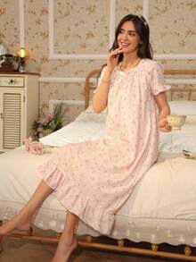 RS Pajama1 Floral Print Bubble Crepe Ruffle Short Sleeve Nightgown With Bow Decor, Square Neck - Pink - View 7