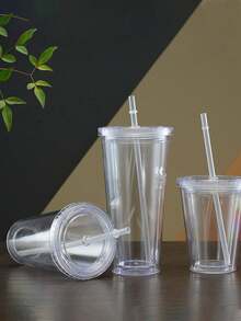 1pc 350ml, 450ml Or 650ml Double Wall Transparent Plastic Straw Cup, Insulated Milk Tea Cup - Clear - View 3