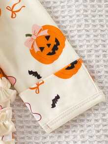 1pc Newborn Baby Girl Cute Comfortable Soft Long Sleeve Pumpkin Print Bodysuit With Headband Thin Spring Autumn Halloween Outfit - Apricot - View 6