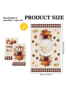 2Pcs Football & Fall Y'all Kitchen Towel Set, Watercolor Pumpkin Football Bow Maple Leaf Brown Buffalo Plaid Border Farmhouse Sports Thanksgiving Dish Hand Towels - Beige - View 2