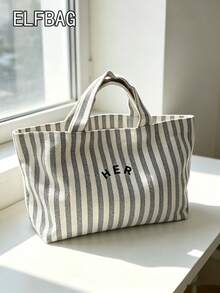 Casual Minimalist Letter Canvas Tote Bag, Striped Pattern Handbag, High Cost-Effective For Outdoor Shopping, Fashion Versatile Suitable For Moms, Students, Office Workers - Grey - View 1