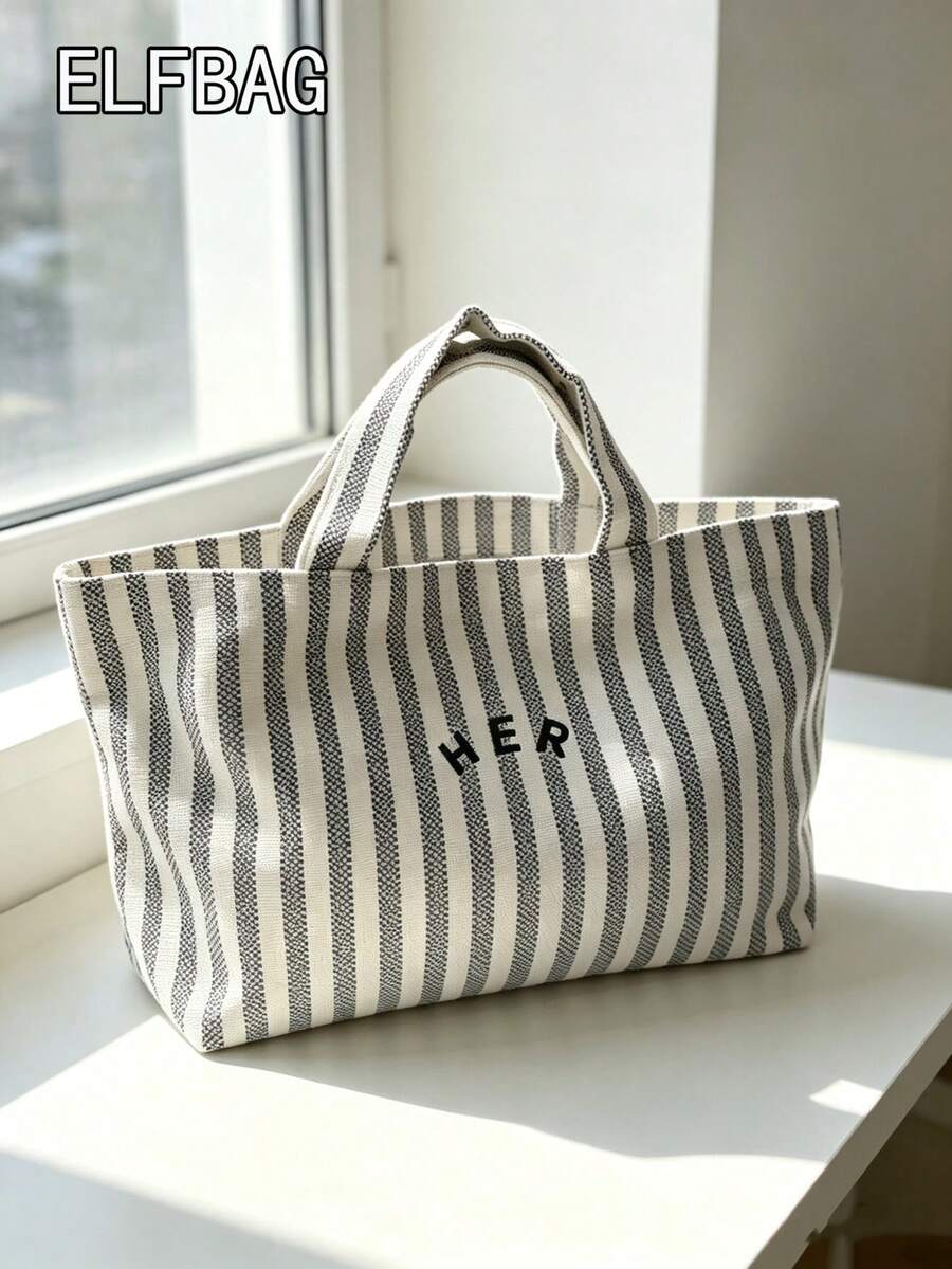 Casual Minimalist Letter Canvas Tote Bag, Striped Pattern Handbag, High Cost-Effective For Outdoor Shopping, Fashion Versatile Suitable For Moms, Students, Office Workers - Grey - View 1
