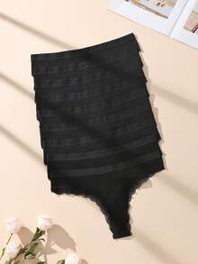 9pcs Black Lace Patchwork Ribbed Cotton Sexy Women's Thong - Black - View 3