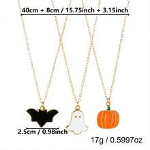 3pcs Halloween Multi-Layer Stacked Necklaces, Pumpkin Ghost Bat Oil Drop Pendant, Women's Holiday Party Decorative Collarbone Chain - Multicolor - View 4