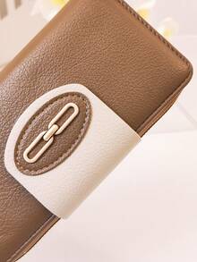 Women's Mini Handheld Phone Wallet, Exquisite Snap Closure Colorblock Patchwork Soft PU Long Wallet, Multifunctional Large Capacity Card Holder, Zipper Coin Purse, Lightweight And Fashionable - Brown - View 6
