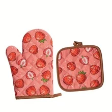 Strawberry Pattern Thickened Kitchen Cooking Microwave Oven Mitts And Heat-Resistant Pads Set, Suitable For Daily Home Kitchen Restaurant Oven, 2pcs/4pcs - View 5