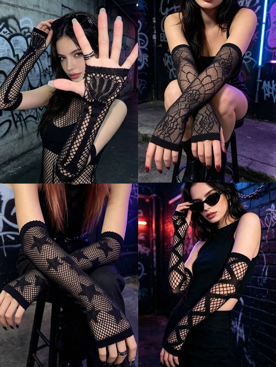 Halloween New Dark Distressed Hollow Out Sleeve Punk Gothic Mesh Long Fingerless Arm Warmers Accessory - View 1
