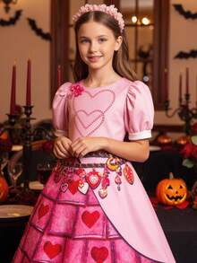 Young Girl Halloween Heart Print Square Neck Petal Sleeve Holiday Party Birthday Gathering Dress - Pink - View 3