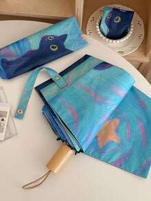 Van Gogh Cat Manual Fashion Black Vinyl UV Protection Sunproof Umbrella, Portable Dual-Use For Sunny And Rainy Days, Suitable For Outdoor Travel - Van Gogh Cat Manual - View 3