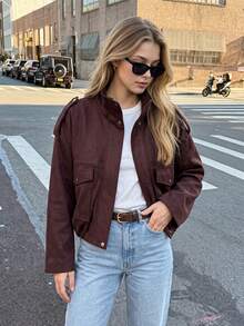 Women Pocket Loose Jacket Fall For Women Stand Collar Long Sleeve Coat Female Outerwear Chic Top - Burgundy - View 2