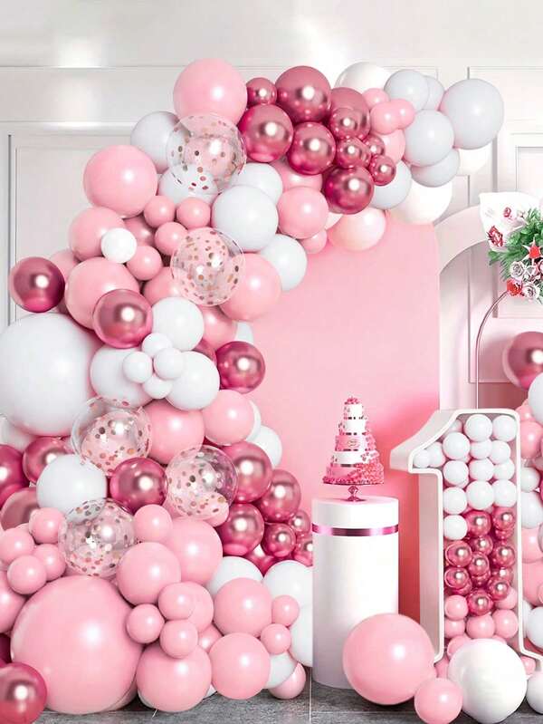 102pcs Pink Ivory White Balloon Arch Set, Metallic Rose Gold Sequin Latex Balloons With Rubber Chain, Pink Theme Party Decoration, Suitable For 1st Birthday, Wedding, Bridal Shower, Anniversary, Room Wall Photography Backdrop Decoration