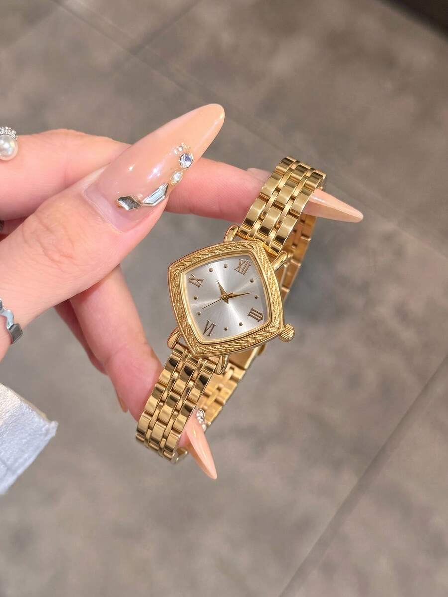 1pc/Set Rhombus Roman Numeral Women's Quartz Watch, Gold Minimalist Steel Band Wristwatch, French Luxury Elegant Niche Fashion Women's Watch, Versatile Elegant Gift Watch For Daily Commute, Party, Fashion, Suitable For Holidays, Birthday Gifts And More - White - View 1