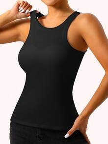 1pc Spring/Summer Ribbed Tank Top 2-In-1 With Built-In Cup Pads Casual Vest - Black - View 6