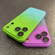 Hadaasi 1pc Green-Blue Magnetic Gradient Dual-Color Liquid Silicone Strong Magnetic Wireless Charging Gradient Jelly Color Camera Lens Film Protection Soft Shell Matte Spray Oil Metal Touch Shockproof Back Cover Fashion Summer Cool Phone Protective Case Compatible With Samsung Galaxy, Compatible With IPhone - Greenish Blue - View 5