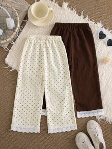 2pcs/Set Girls' Casual Wide Leg Pants, Fashionable Wave Textured Polka Dot Solid Color Lace Trim, Spring Autumn - Multicolor - View 2