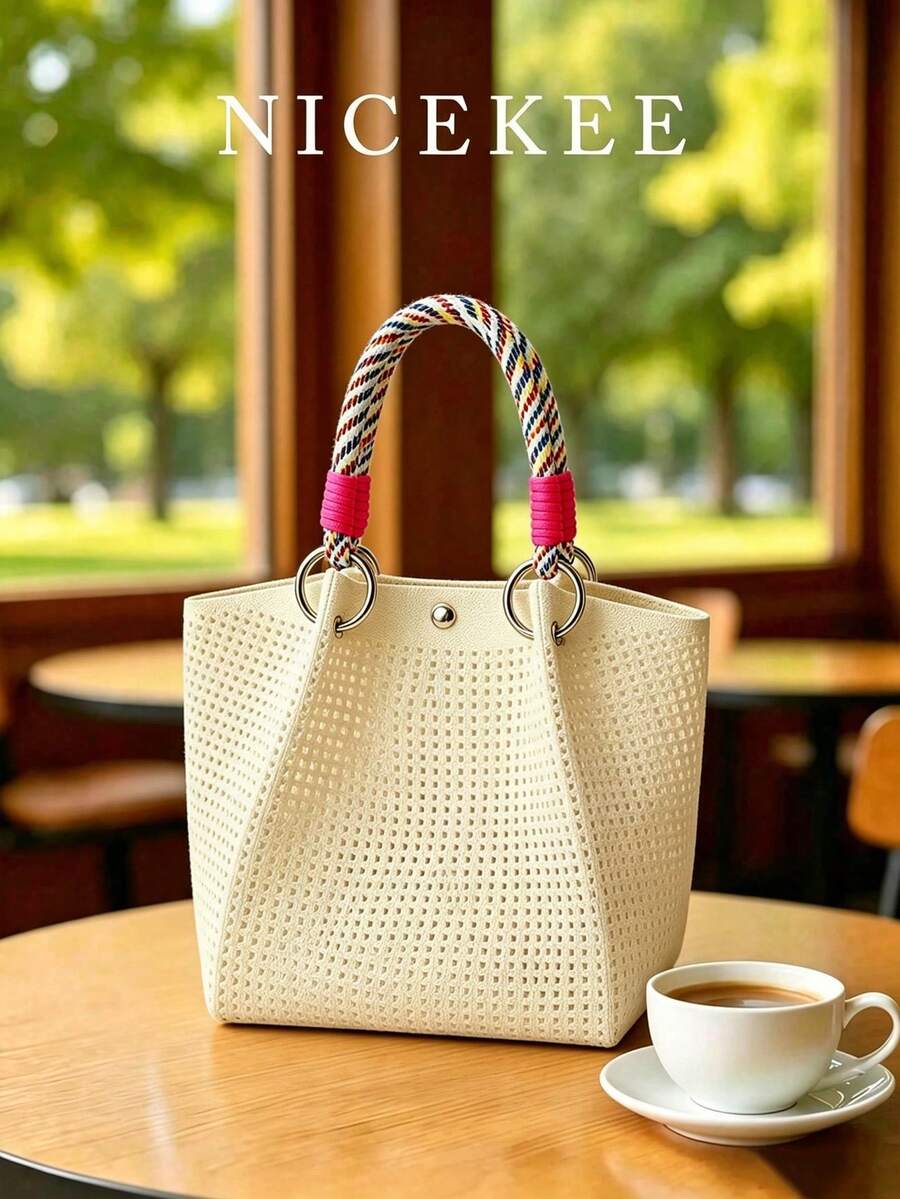 Classic Colorblock Polka Dot Casual Versatile Artistic Bucket Bag, Multi-Functional Daily Commute Handbag, Suitable For Niche Shopping And Dating - Beige - View 1