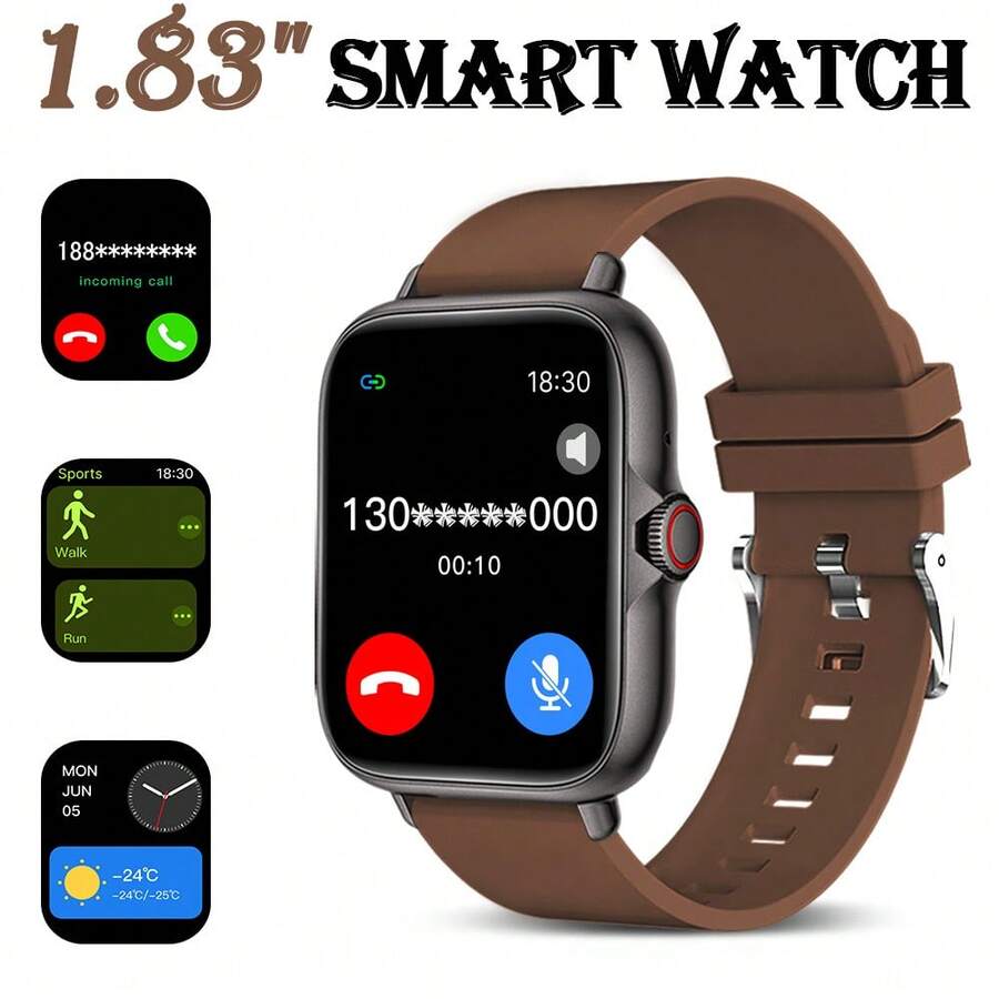 [SmartWatch]中性智慧手錶，舒適矽膠錶帶，支援通話、訊息通知、音樂控制、鬧鐘，180mAh電池，1.83吋全螢幕觸控螢幕，相容 Android 與 iOS 系統，運動風，適合世界盃派對