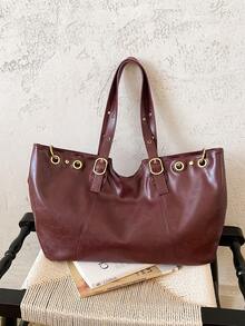 Women's Tote Bag, Vintage Faux Leather Shoulder Bag, Adjustable Strap, Gold Hardware, Large Capacity, Suitable For Commuting, Daily Shopping, Burgundy Red - Burgundy - View 7
