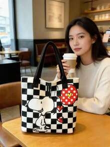 SNOOPY 1件花生史努比印花帆布斜挎托特包，休閒極簡風，多功能小肩背包，耐用可調節肩帶，適合女性與青少年，適用日常外出、工作、上學與購物 - D - 查看 9