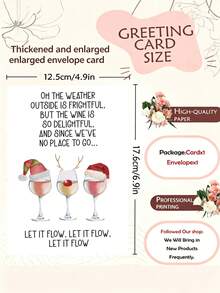 1pc Funny Wine Lover Christmas Card, Watercolor Wine Glass With Christmas Hat And Reindeer Antlers Design, Humorous Song Parody Christmas Card With Envelope, Holiday Gift For Alcohol-Loving Friends, Christmas Party Card, Thickened And Enlarged Envelope And Card - Multicolor - View 2
