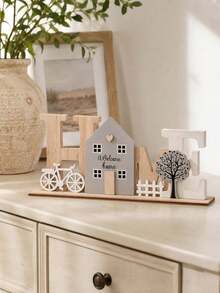 1pc Rustic Wooden "HOME" Desktop Decor With "Welcome Home" Lettering, Bicycle And Tree Pattern, Suitable For Farmhouse Style Shelf, Living Room, Entryway, Mantel Display Or As Desktop Decoration - Multicolor - View 2