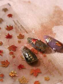 1pc Jelly Foil Gold Autumn Maple Leaf Plant 5D Nail Stickers, Luxury Autumn Leaf Decor, Self-Adhesive Nail Decals, Women's Seasonal Natural Style Nail Art Decoration - Multicolor - View 4