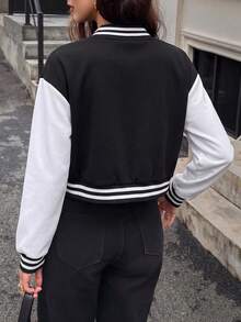 Teen Girls American Retro Black & White Colorblock Baseball Jacket, Autumn/Winter Short Knit Cardigan Coat - Black - View 2