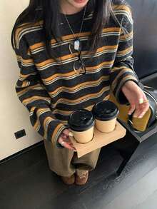 Women's New Striped Long Sleeve Mid-Length Crew Neck Sweater, Spring/Autumn - Grey - View 1