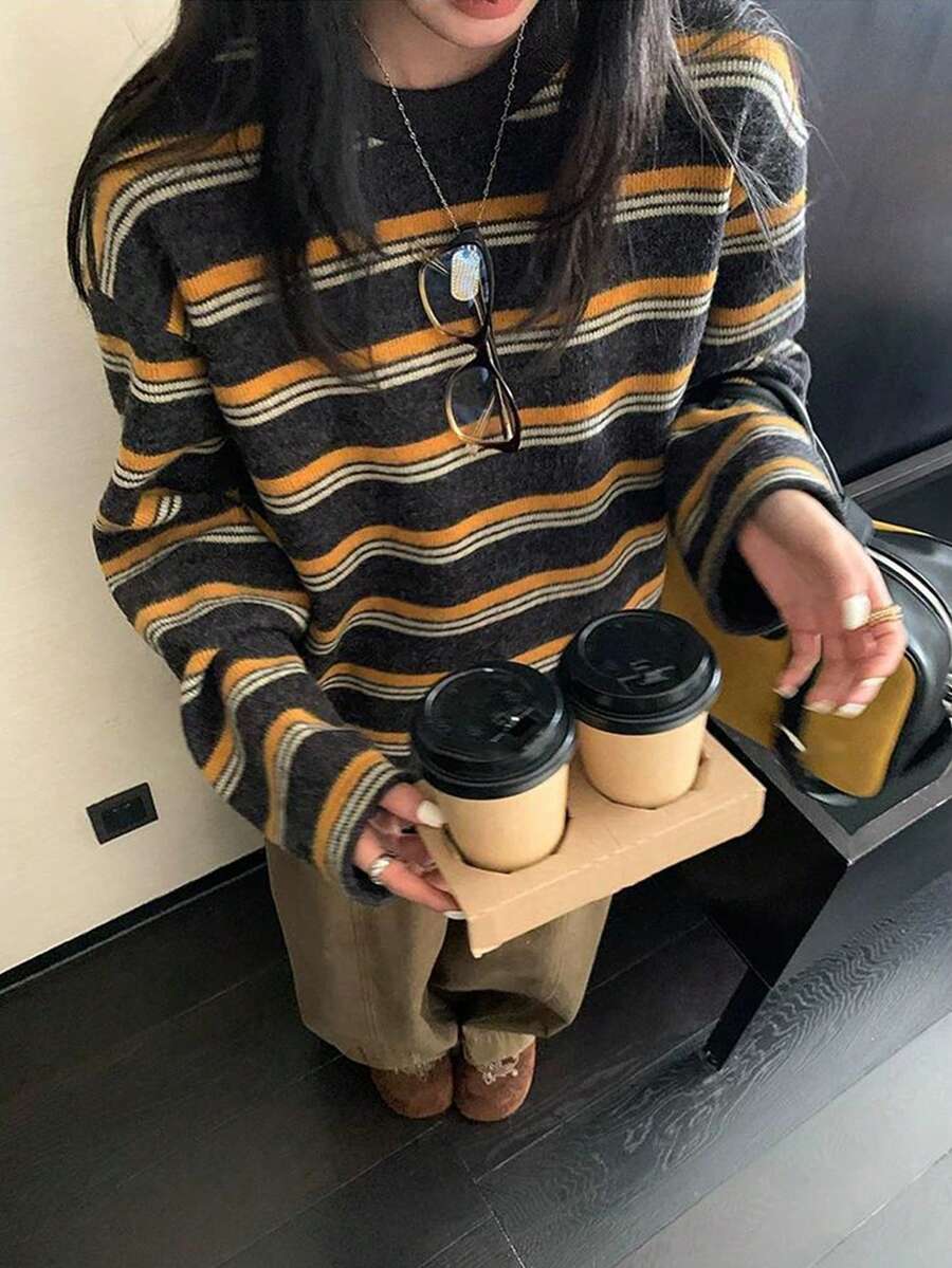 Women's New Striped Long Sleeve Mid-Length Crew Neck Sweater, Spring/Autumn - Grey - View 1