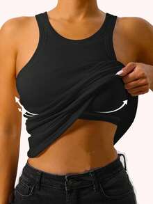 1pc Spring/Summer Ribbed Tank Top 2-In-1 With Built-In Cup Pads Casual Vest - Black - View 2