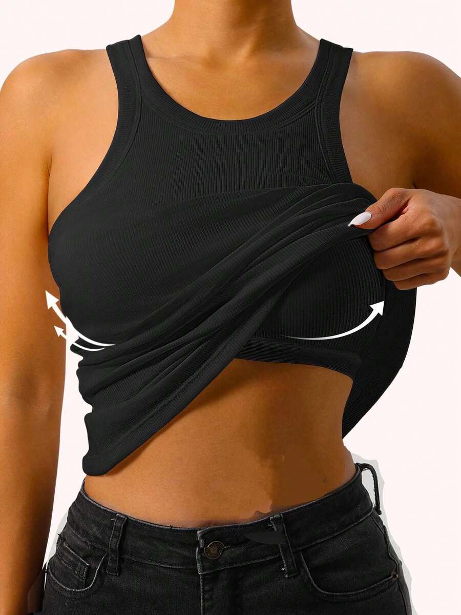 1pc Spring/Summer Ribbed Tank Top 2-In-1 With Built-In Cup Pads Casual Vest
