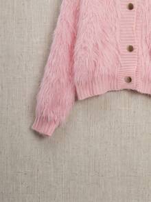 Pink Stand Collar Fuzzy Knit Cardigan, Loose Fit Gold Button Sweater, Suitable For Autumn Weekend Gatherings And Halloween Sweet Fashion Looks - Pink - View 6