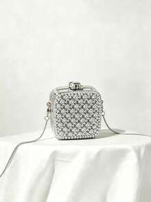 Women Evening Clutches,Mini Square Hard Box Crossbody Bag, Minimal Sparkly Luxury Style, For Club Cocktail Party Night Out Ladies All Seasons - Silver - View 3