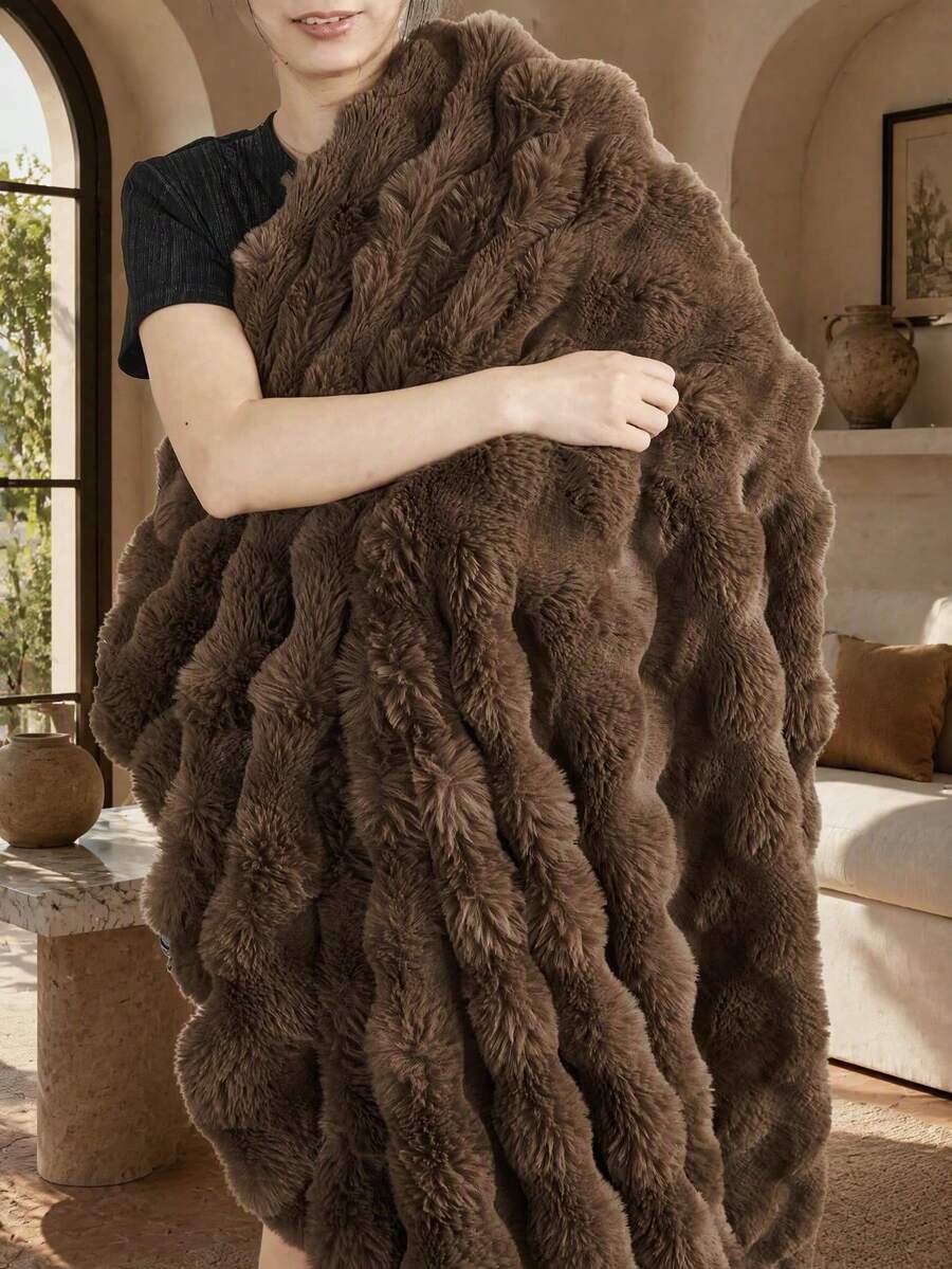 1pc Brown Faux Fur Blanket, Soft And Warm, Luxury Style, Multi-Purpose Throw, Easy Care, Lightweight And Versatile, Plush Long Pile Bedding, Soft Back To School Dorm Blanket - Coffee Brown - View 1