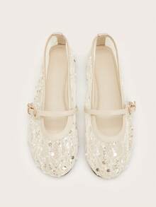 Women's Blue Shiny Lace Mesh Ballet Buckle Flat Sandals - White - View 4