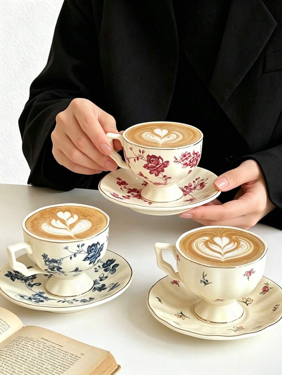 1pc Vintage Gold Rim Floral Ceramic Coffee Cup & Saucer, European Style Tall Latte Cup, Espresso Cup & Saucer Set For Home Afternoon Tea - Multicolor - View 1
