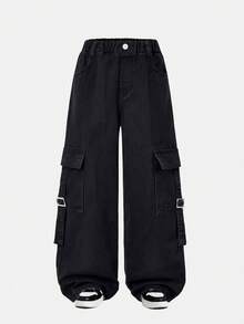 Boys' Fashionable Distressed Relaxed Fit Black Denim Jeans With Pockets - Black - View 2