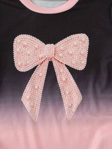 Girls' Casual Fashion Sweet Style Cinched Waist Bow Round Neck Gradient Long Sleeve Top, Spring/Autumn - Pink - View 5