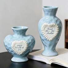 1pc Light Blue Heart-Shaped Ceramic Vase Set, Embossed Heart-Shaped Text Decor Vase, Modern Farmhouse Style Home Living Room Tabletop Centerpiece - Multicolor - View 6