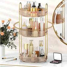 360° Rotating Makeup Organizer, Suitable For Vanity, Large Capacity Transparent Skincare Storage Box, Perfume Storage Box, Cosmetic Vanity Organizer, 1pc - Champagne - View 1