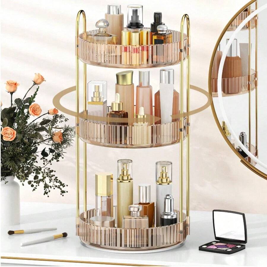 360° Rotating Makeup Organizer, Suitable For Vanity, Large Capacity Transparent Skincare Storage Box, Perfume Storage Box, Cosmetic Vanity Organizer, 1pc - Champagne - View 1